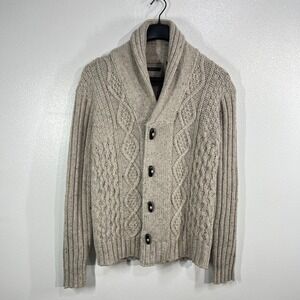 PROJEKRAW Shawl Collar Cable Knit Cardigan Sweater Mens Large Wool Blend Beige